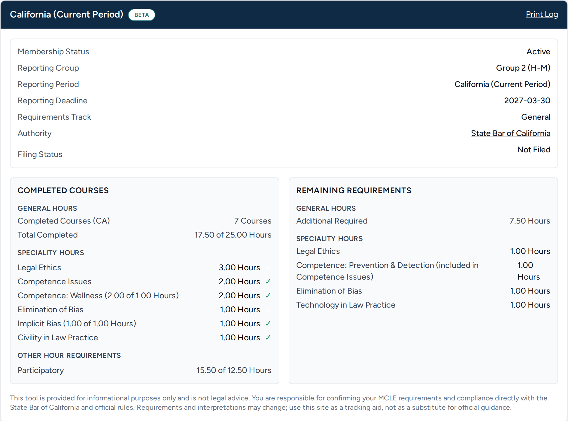 A CLEDocket dashboard showing hours completed and remaining by category.